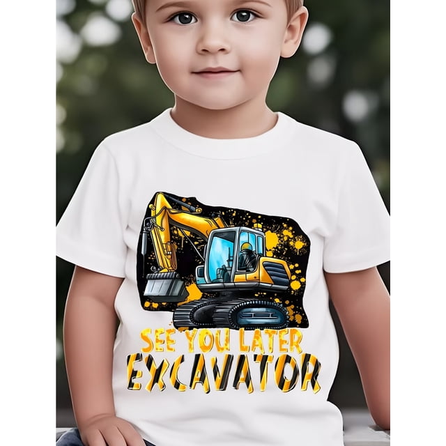 Cartoon Excavator Graphic T-Shirt - "See You Later Excavator" Design, Short Sleeve, Round Neck, Casual Spring/Summer Top for Kids, Casual Wear | Playful Design | Comfortable Fit, Excavator Tshirt