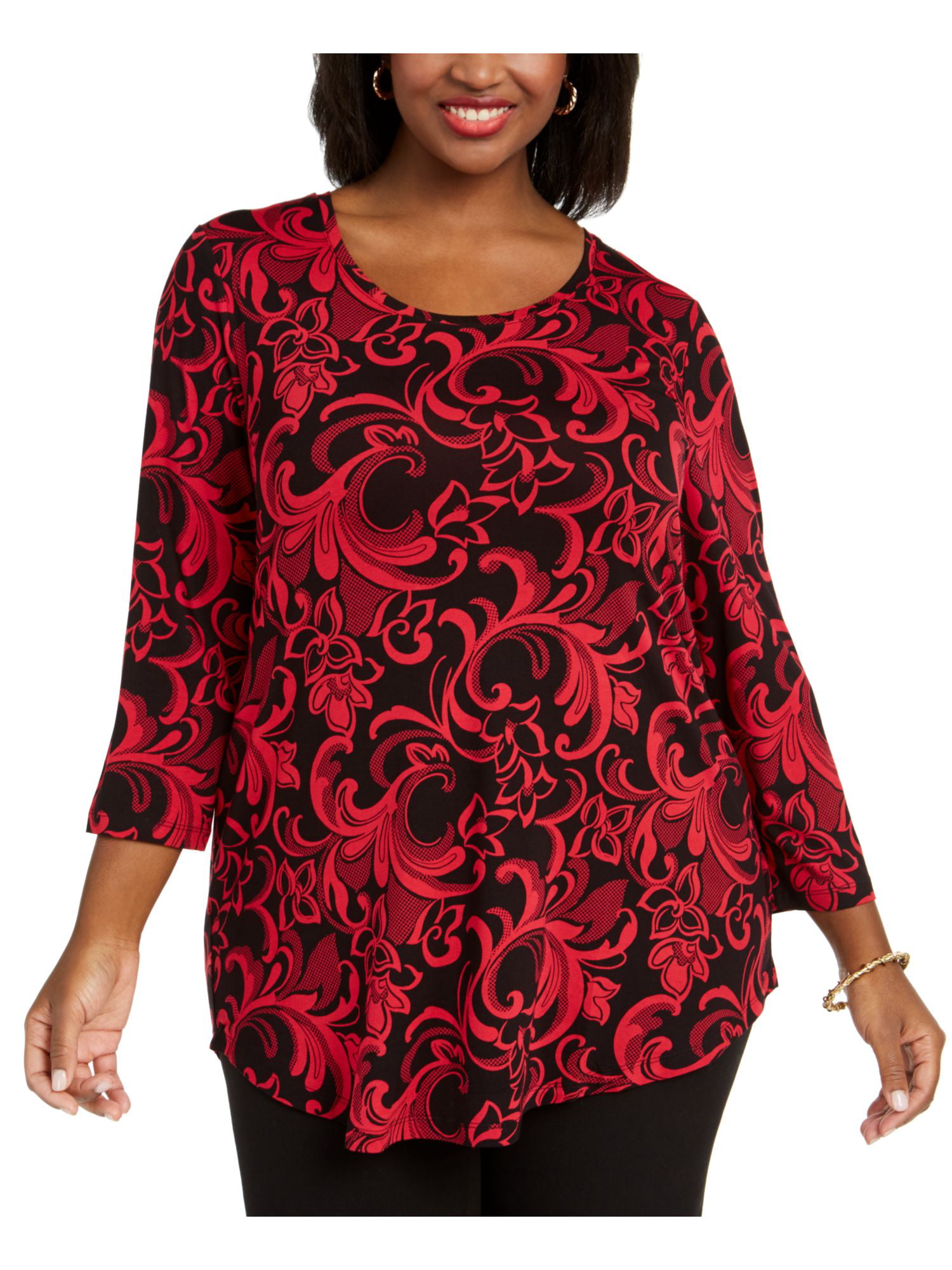 JM COLLECTION Womens Red Printed 3/4 Sleeve Jewel Neck Top Petites PP ...