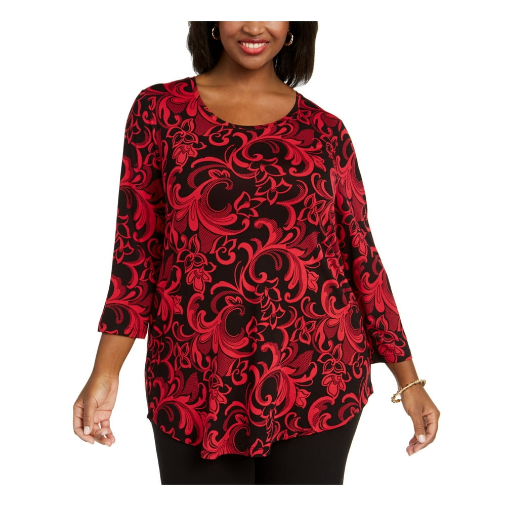 JM Collection - JM COLLECTION Womens Red Printed 3/4 Sleeve Jewel Neck ...