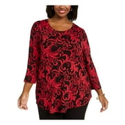 JM COLLECTION Womens Red Printed 3/4 Sleeve Jewel Neck Top Petites PP