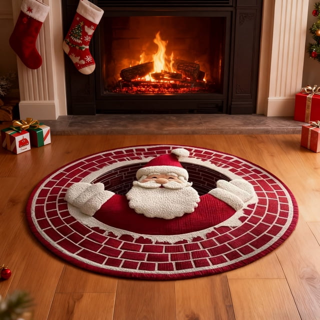 ZZkhGO Christmas Area Rugs, Non-Slip Round Carpet with Optical Illusion, Washable Floor Mat for Living Room