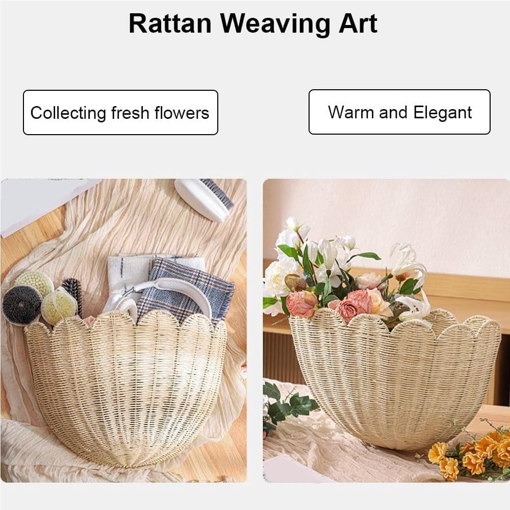 Hand Woven Rattan Wall Baskets, Scalloped Wicker Hanging Basket with Metal Frame & Hook, Minimalist Wall Decor for Home, Entryway, Kitchen, Living Room(14"x6"x8", 1Pcs)