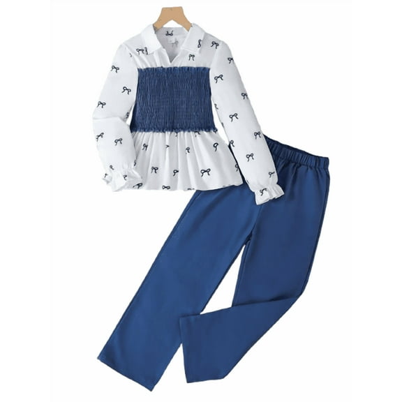 Mikrdoo Kid Girls Clothes Contrast Color Bow Print Long Sleeve Shirt & Elastic Pants 2Pcs for Stylish Outings 8-12