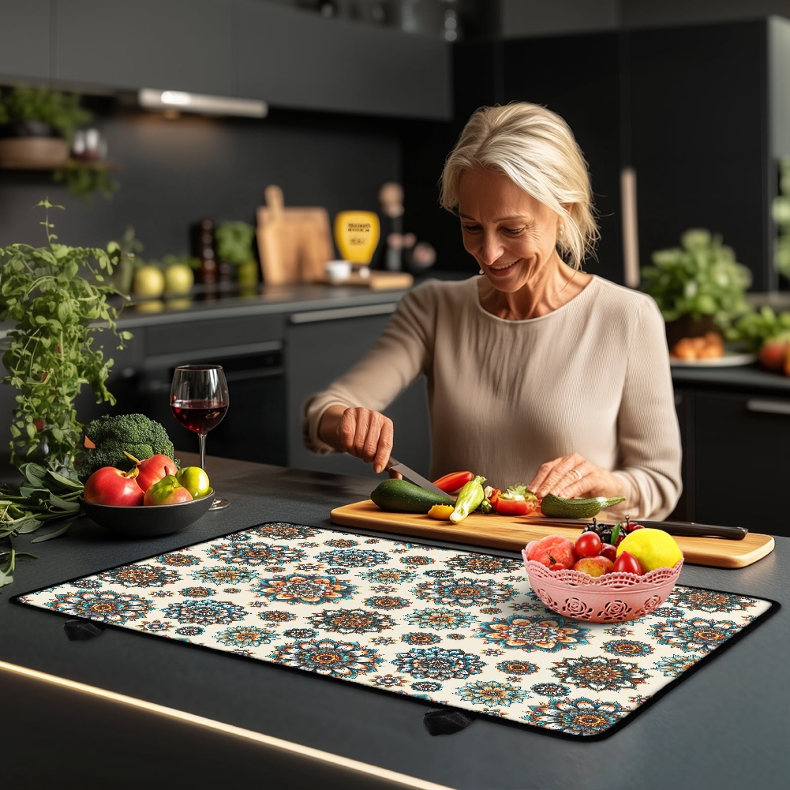 Renewold Ceramic Glass Stove Top Cover Stove Mat Stove Burner Cover Multipurpose Rubber Desk Saver Pad Washer Dryer Top Cover Range Cover for Counter Top, Bohemian Flower Beige