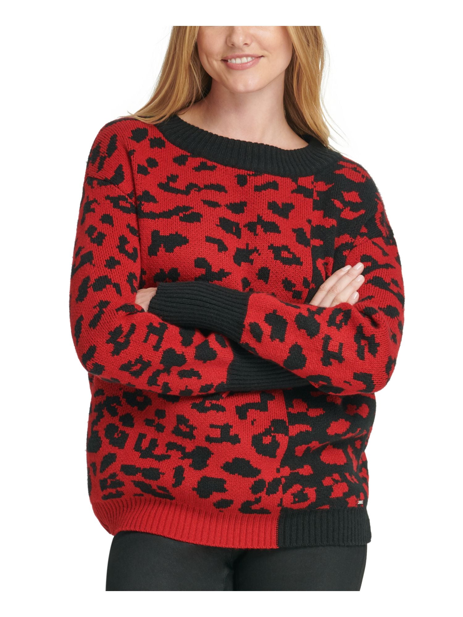 ifølge lomme Profit DKNY Womens Red Patterned Long Sleeve Crew Neck Sweater Size L - Walmart.com