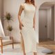 thumbnail image 1 of Vestido Largo De Playa Vestido largo y delgado de playa para mujer Vestido sexy dividido ajustado de punto de moda (Beige M) Cgtredaw Para estrenar, 1 of 1