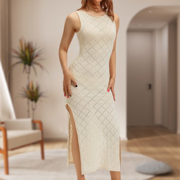 Vestido Largo De Playa Vestido largo y delgado de playa para mujer Vestido sexy dividido ajustado de punto de moda (Beige M) Cgtredaw Para estrenar