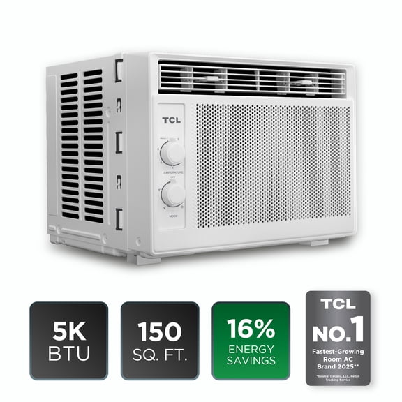 TCL 5,000 BTU Window Air Conditioner (White) - Cools up to 150 sq ft, High-Efficiency Cooling Technology, 2-in-1 Cooling & Fan, 7 Temperature Settings, Compact Fit, Washable Filter - W5WC72M
