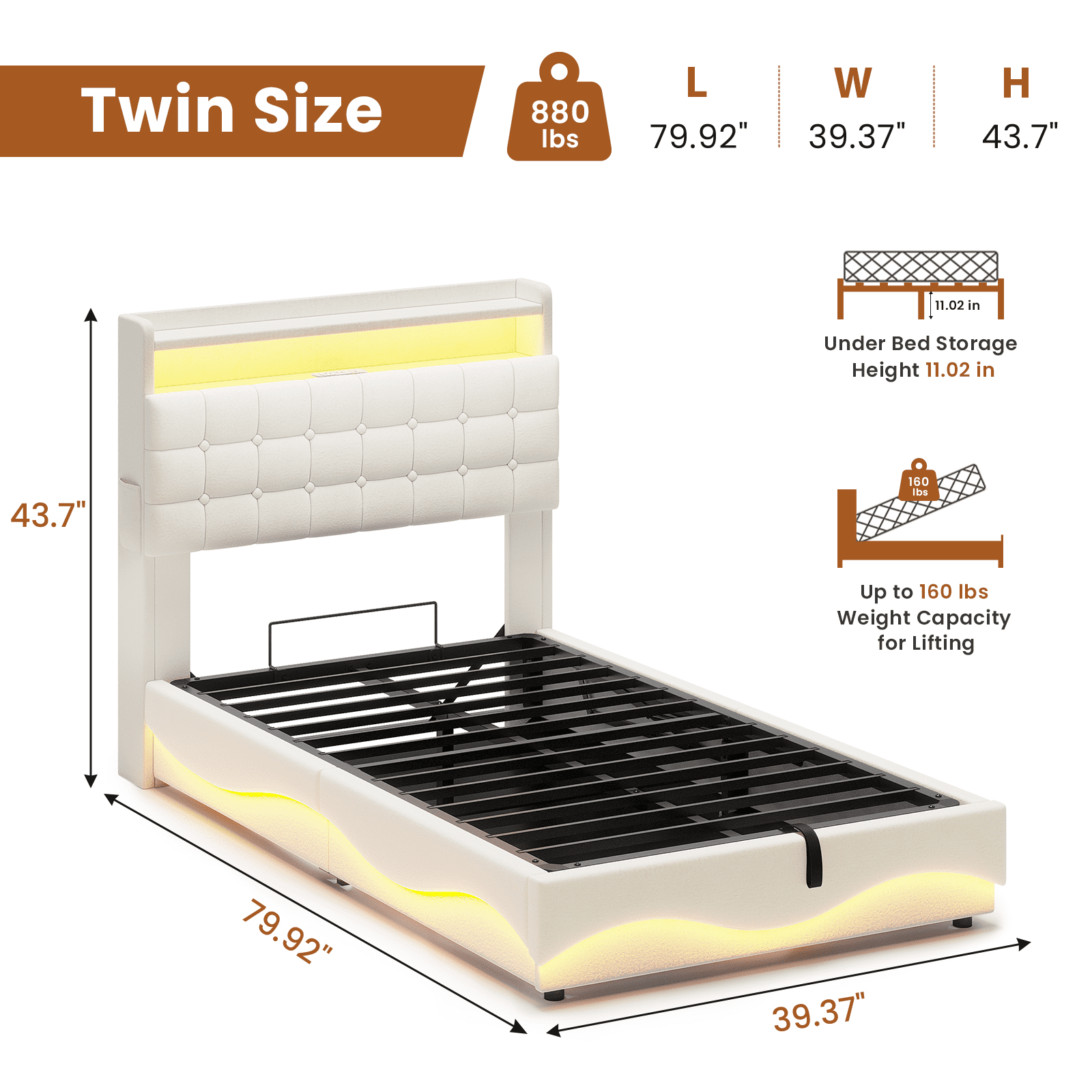 Amuzer Twin Size Bed Frame with Lift Up Storage, Power Outlet,LED Lights Storage Headboard,Twin Velvet Upholstered Bed, No Box Spring Needed,Creamy White