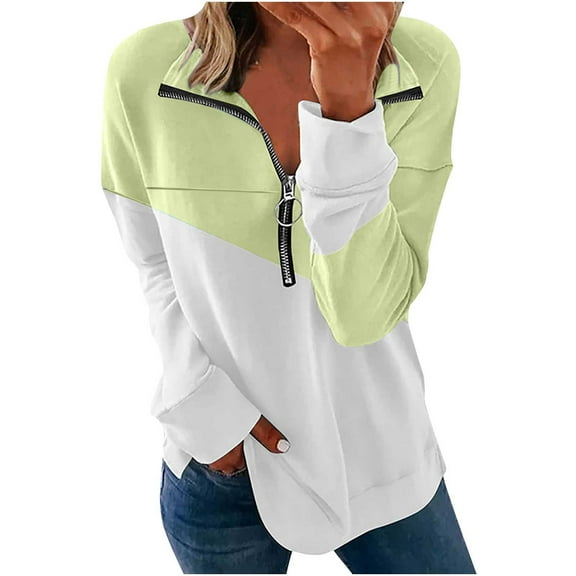 UAMVSH Sweatshirts for Women Basic Half Zipper Long Sleeve Tunic Pullover Trendy Fall Stand Neck Color Block Long Sleeve Tops(X-Large,Yellow)