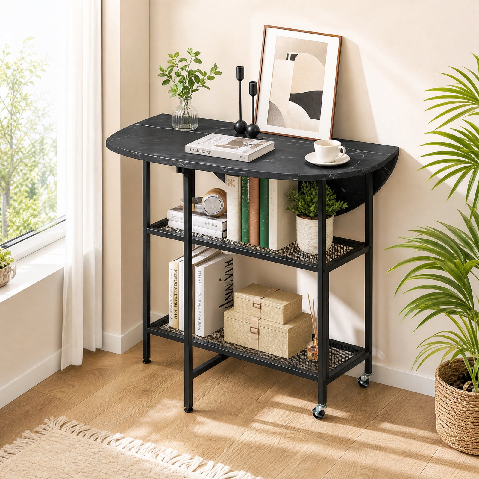 Furnibear Folding Round Dining Table with Lockable Wheels and 2 Storage Shelves and Sturdy Metal Frame for Small Spaces, Black