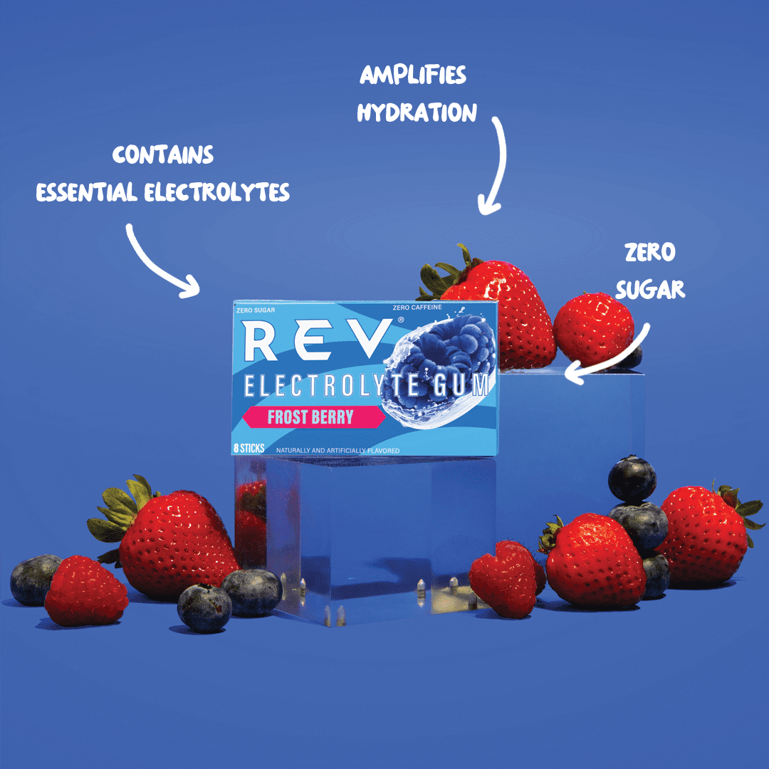 REV Electrolyte Gum, Frost Berry, Sugar-Free with Essential Electrolytes, 12 Count