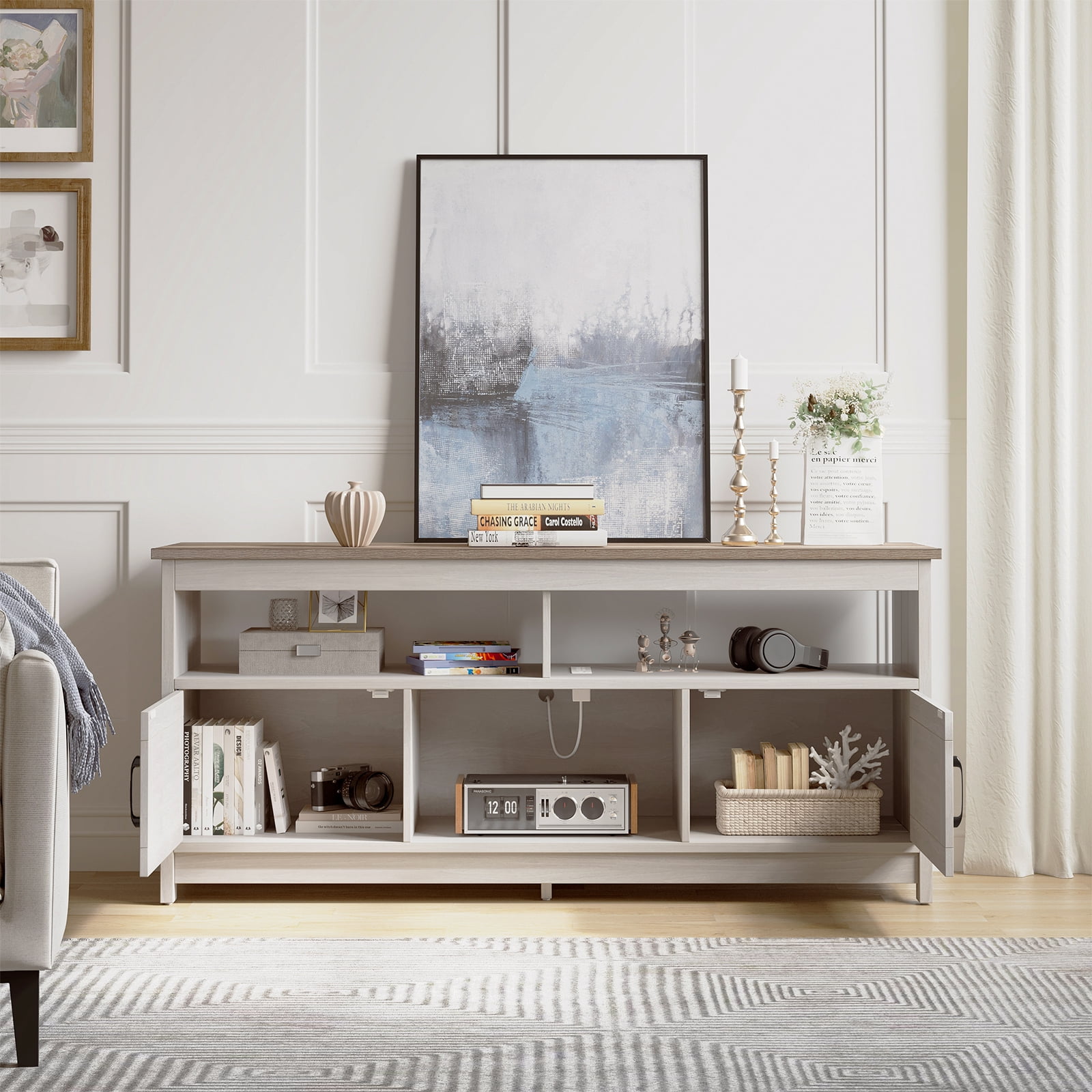 DEXTRUS Buffet Cabinet, 59" Farmhouse Storage Sideboard with Barn Door for Home Dinning Living Room, Grey Wash