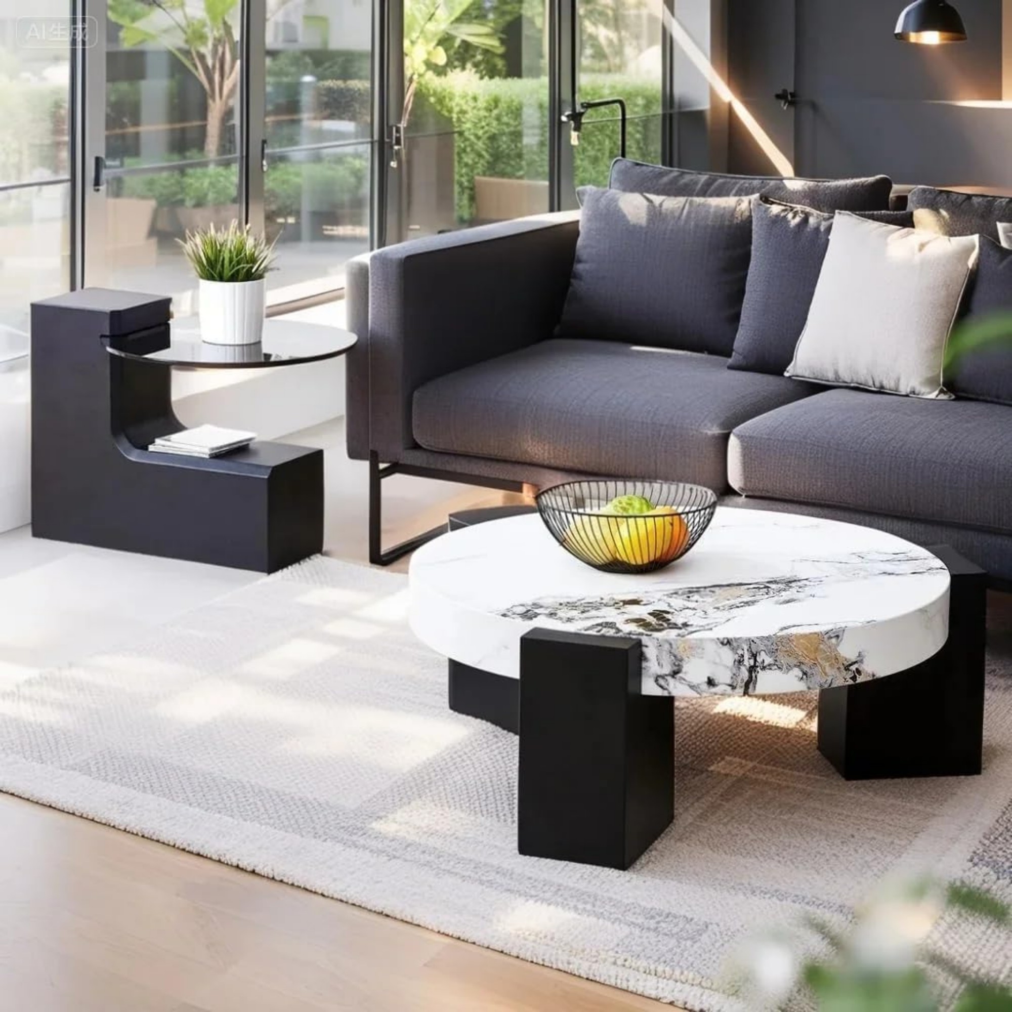 Sudica Detachable Double-decker Coffee Table,30" Round Tea Table with White Faux Marble Tabletop,Center Table for Living Room
