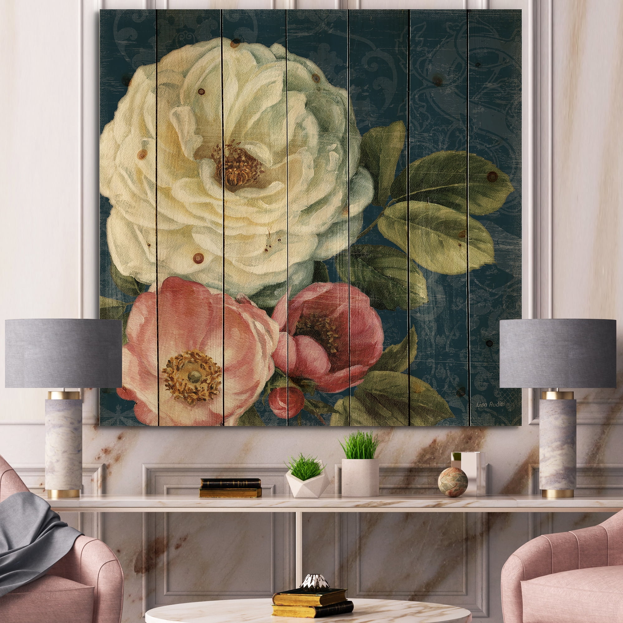 Designart 'White and Pink Damask Rose Flowers' Farmhouse Print on Natural Pine Wood