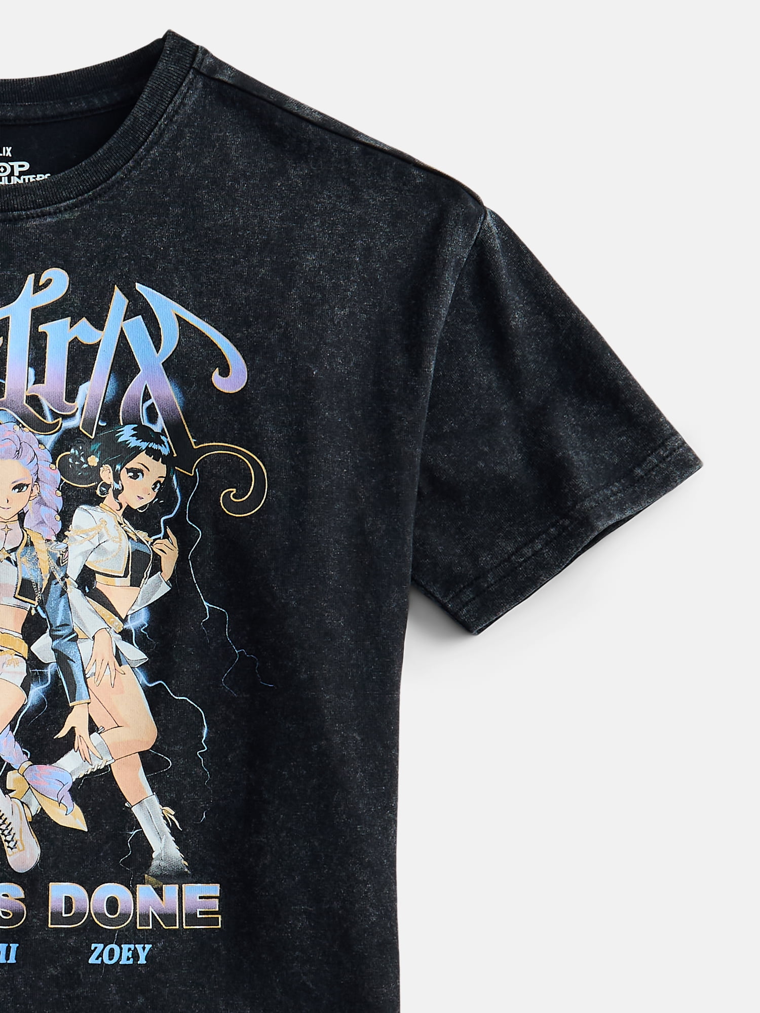 K Pop Demon Hunters Girl’s Boxy Mineral Washed Halloween Crewneck Tee with Short Sleeves, Sizes 4-16