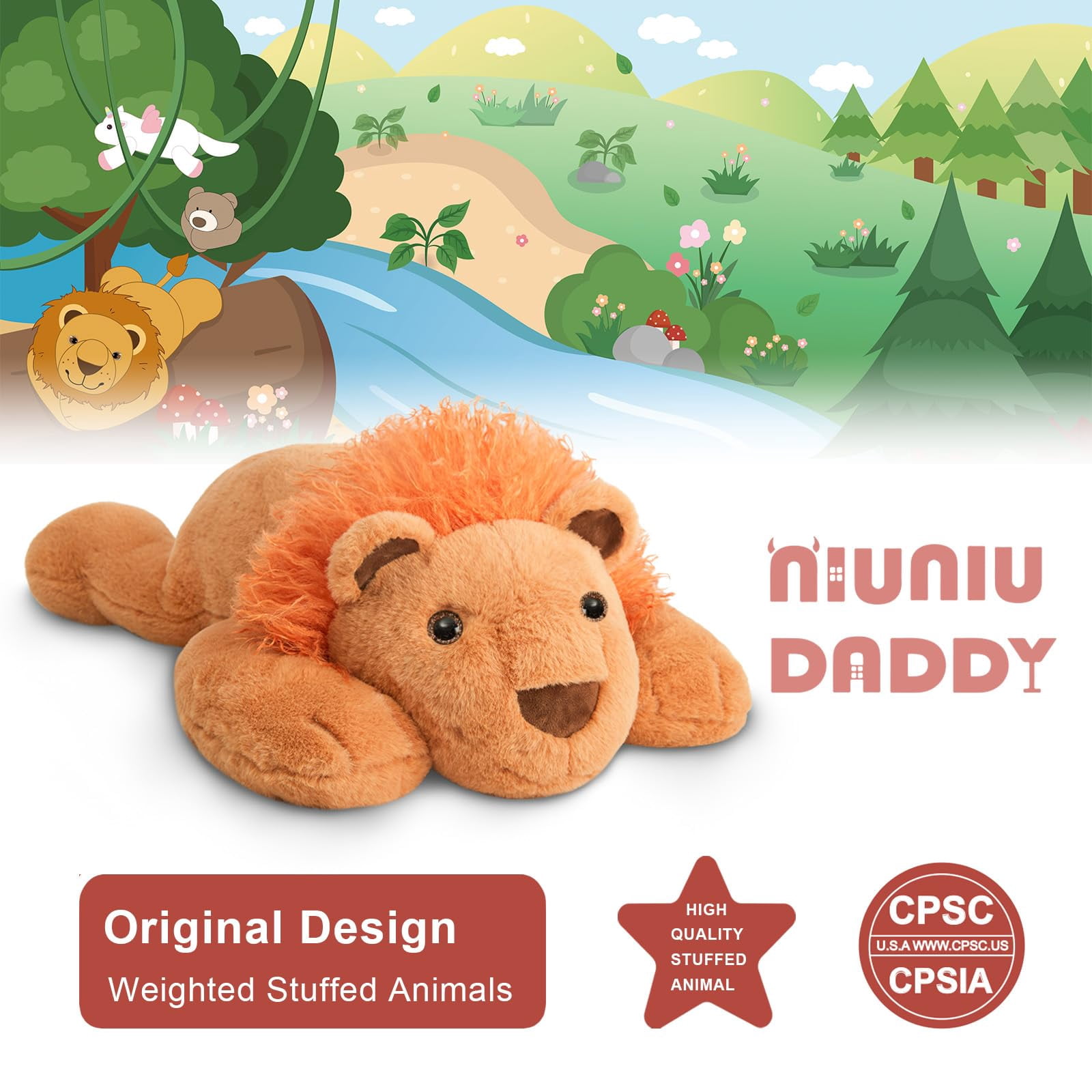 Niuniu Daddy Weighted Lion Stuffed Animals 20"Large Plush Toy,3.3lb Giant Weighted Lion Plush Animals Body Pillow with Soft Faux Fur, Cute Stuffed Animals Birthday Gift for Baby, Kids & Adults