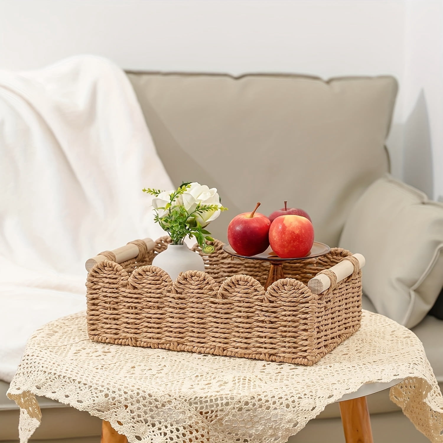 HuaArt 2 Pcs Paper Rope Scalloped Edge Decor Baskets, Toilet Basket for Over Toilet Storage Shelf, End Table, Neutral