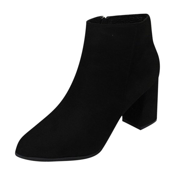 Xfvqtps Ankle Boots for Women Side Zipper Chunky Mid Heel Pointy Toe Suede Fashion Heel Boots Black