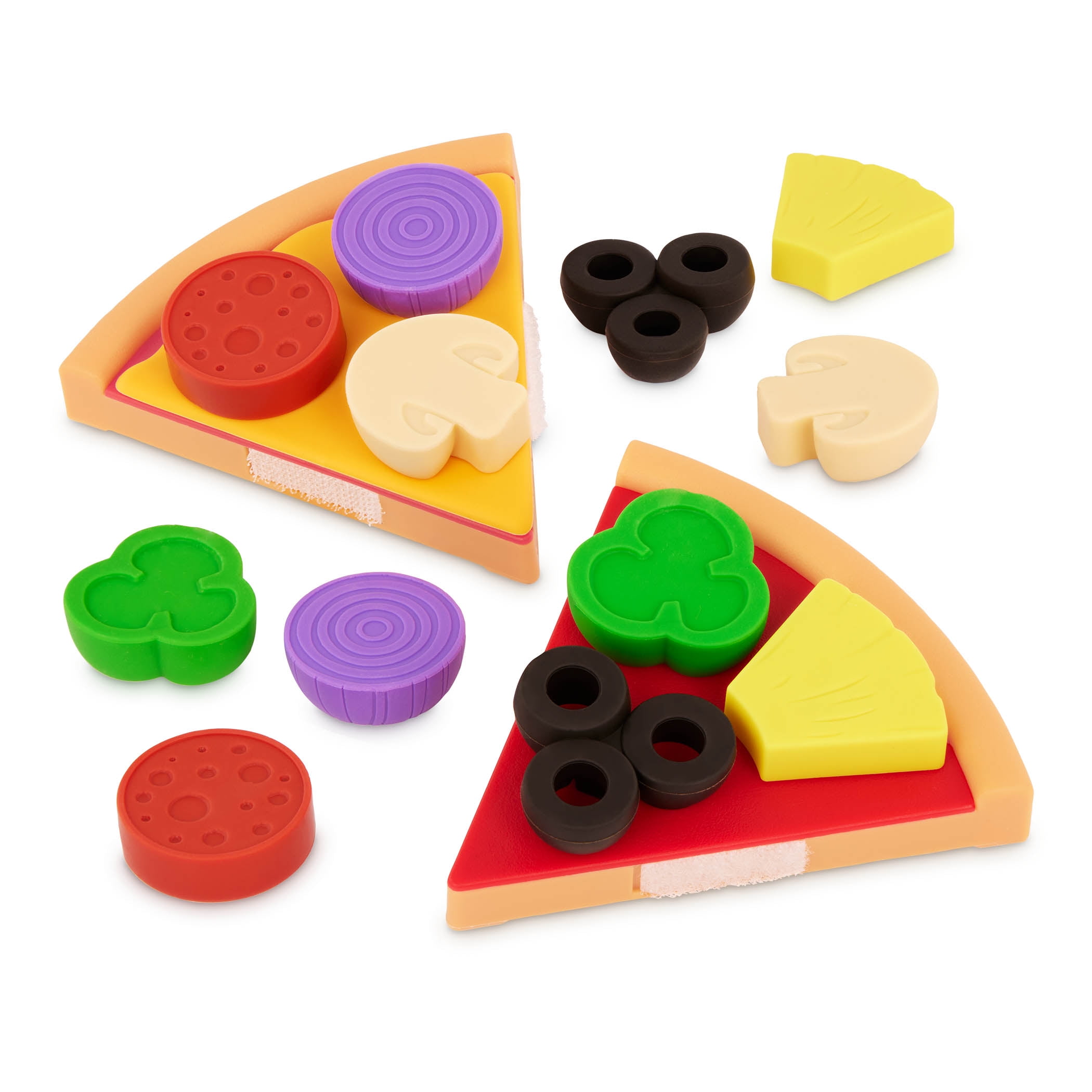 Battat Pizza by The Slice Plastic Set 7 Multicolor Toppings and Wooden Board, Toddler and Preschool Toys