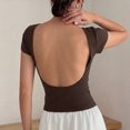 thumbnail image 6 of Women's U-Shaped Backless Short-Sleeve Tops Solid Color Boat Neck Base T-Shirt Bodycon Casual Tees Yoga Workout Tops Coffee, 6 of 7