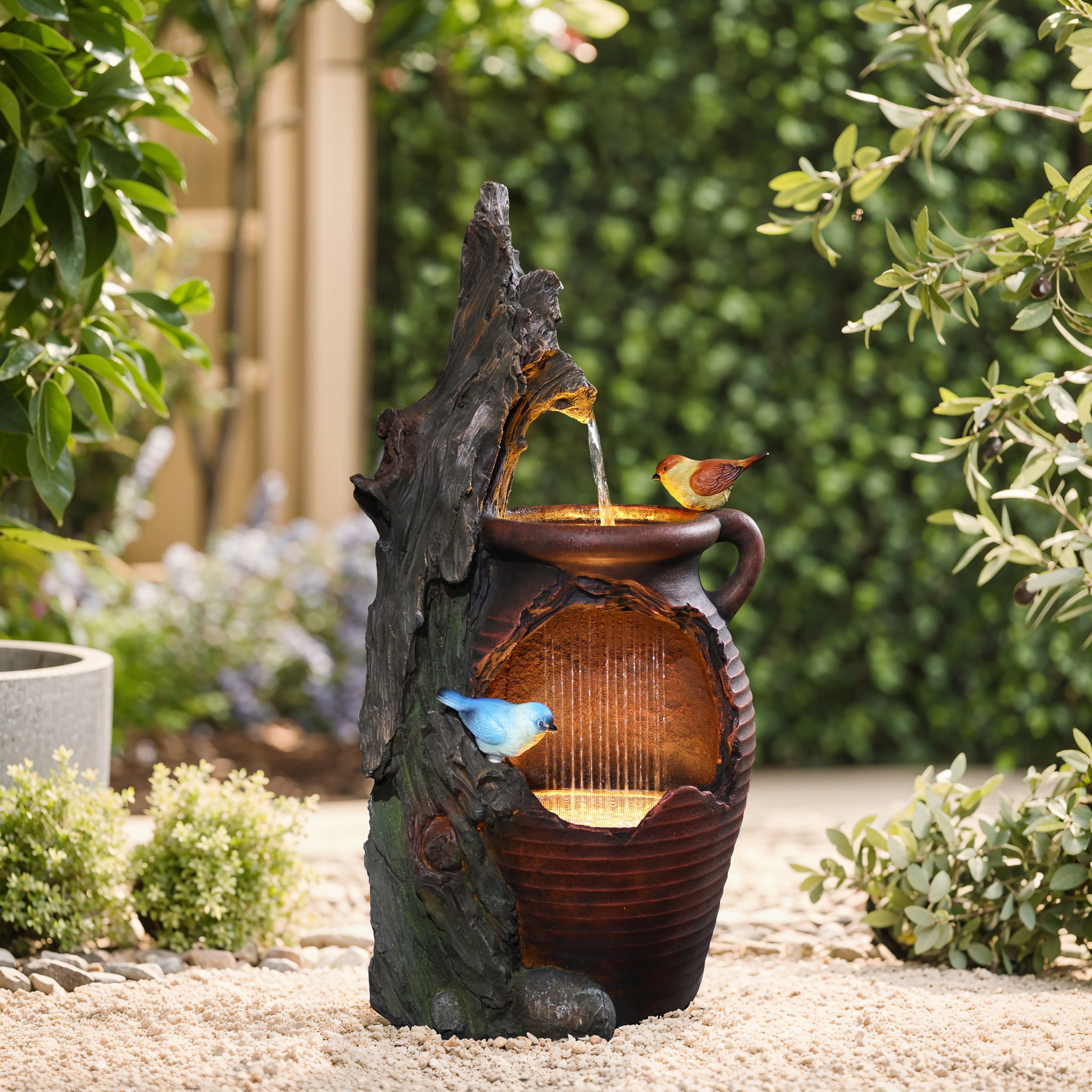 LuxenHome Rain Barrel with Tree and Birds 2.5-Feet Tall Outdoor Polyresin Fountains with Light