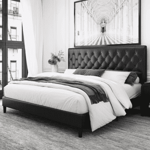 Homfa Queen Platform Bed, Black Button Tufted Faux Leather