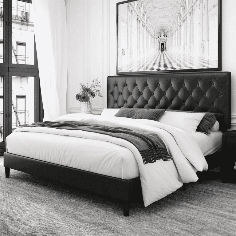 Homfa Queen Platform Bed, Black Button Tufted Faux Leather photo 1