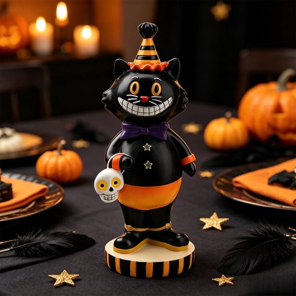 Sulaicai Vintage Halloween Black Cat & Skeleton Figurines, Retro Resin Statue Ornaments, Spooky Tabletop Decorations for Indoor Home, Mantel and Halloween Party