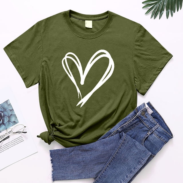 Meichang Happy Valentines Day Chemises Femmes Mignon Imprimé Cœur T-Shirts Manches Courtes Décontracté Col Rond T-Shirts Happy Valentines Day Chemises