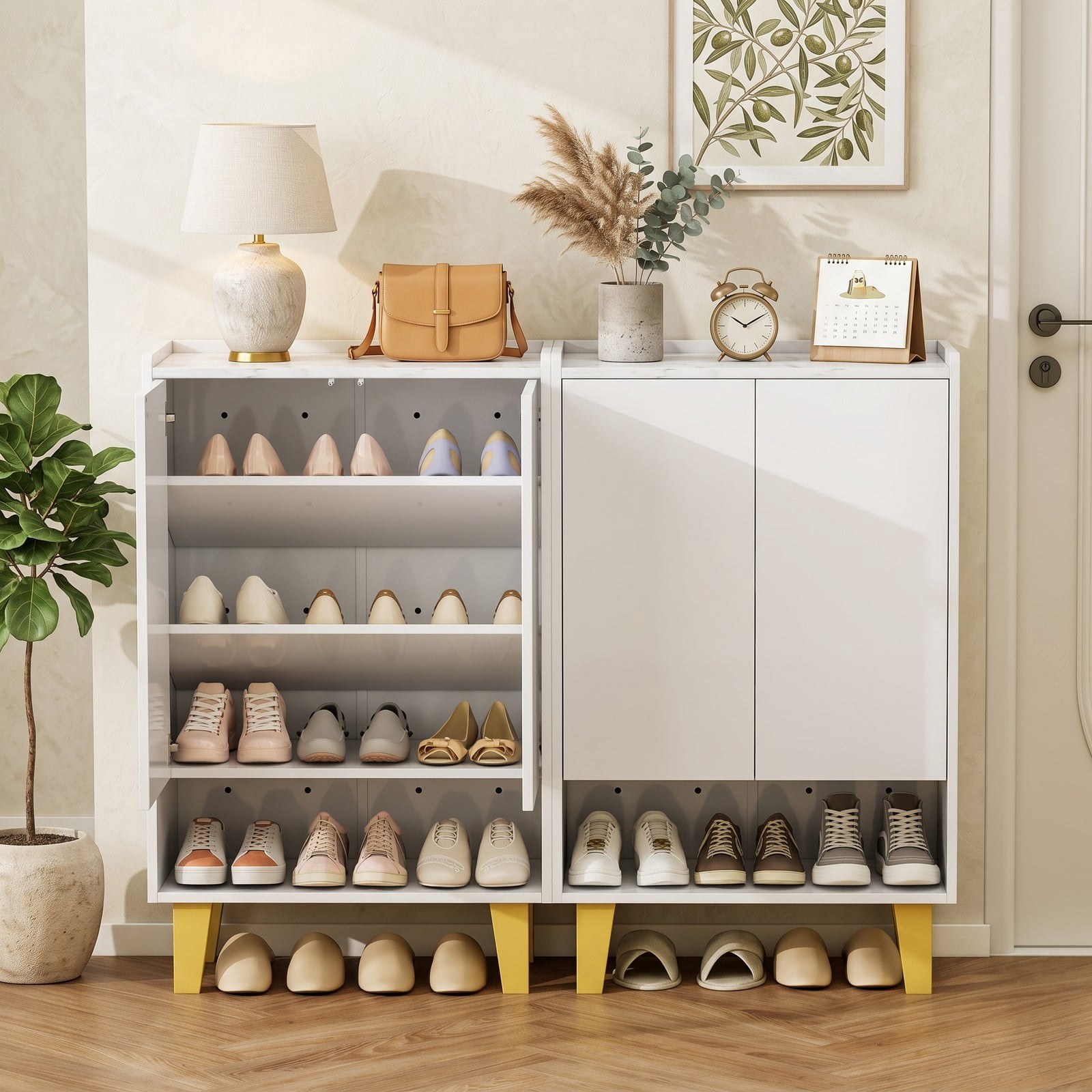 Furnibear 5-Tier Shoe Cabinet with Faux Marble Countertop and Flat Tilting Shelves for Entryway and Hallway, White and Gold