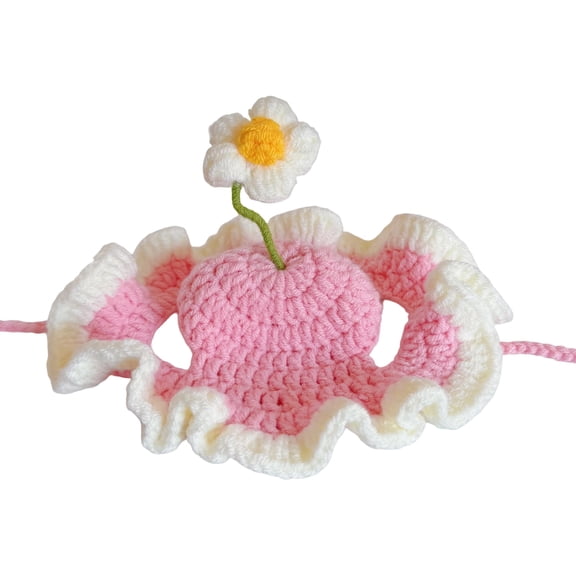 MInHoues Crochet Hat for Cats, Handmade Knit Pink Ruffled Daisy Pet Headwear, Adjustable Cute Floral Bonnet Accessories for Small Dogs Kittens, Funny Costume for Party Photo Props