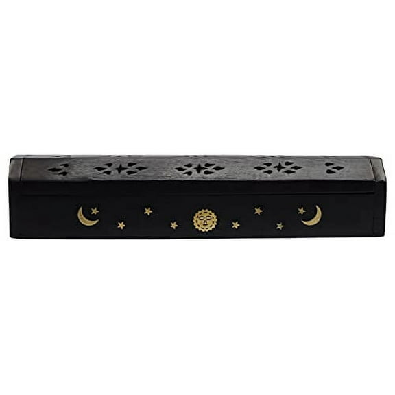 Sun, Moon, and Stars Brass Inlay Design - Wooden Coffin Incense Burner for Incense Sticks and Cones