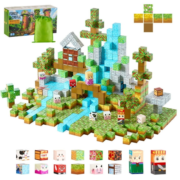 VEVOR Magnetic Blocks, 150 PCS Forest Castle Set, Magnetic Building Cubes for Kids, STEM Montessori Sensory Toys for Christmas Birthday Gift, Construction Stacking Toy for 3  Years Old Boys & Girls