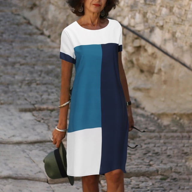 Mefallenssiah Robe Décontractée à Manches Courtes pour Femmes, Col Rond, Imprimé, Taille Ample, Mi-Jupe