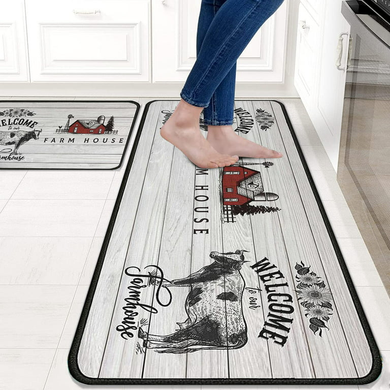 Sets of 2 Black Kitchen Rugs and Mats , Funny Kitchen Decoration  17X30+17X48Inch