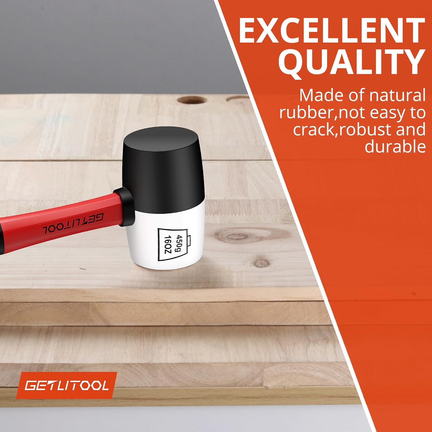 GETLITOOL Rubber Mallet Black/White 16oz, Non-Marking Rubber Mallet Hammer ⌀=55mm with Two Sides, Rubber Hammer with Non-Slip Fiberglass Handle for Camping, Flooring/Tiles Install, Woodworking