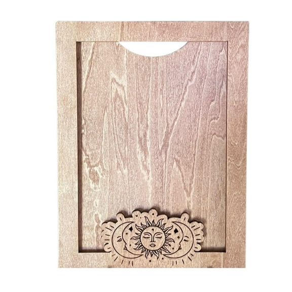 Wooden Picture Frame with Sun and Moon Design, Natural Wood Color, 5x7 Inch Photo Size, Wall Mount and Stand Included