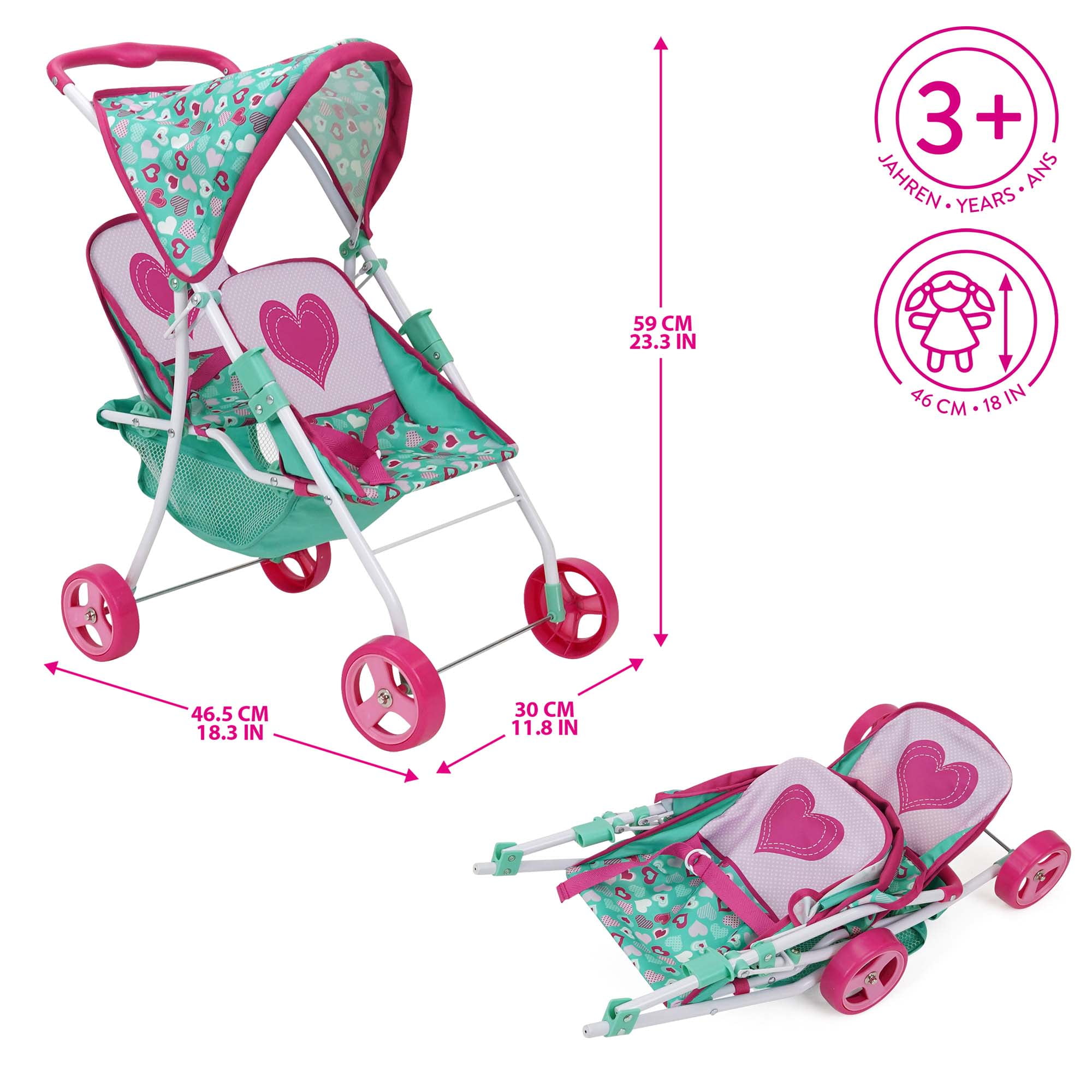 509 Crew: Mint Heart - Tandem Twin Doll Stroller - Hot Pink & Green, Storage Basket, Retractable Canopy, Folding, Accessory, Pretend Play Toy, Kids 3+