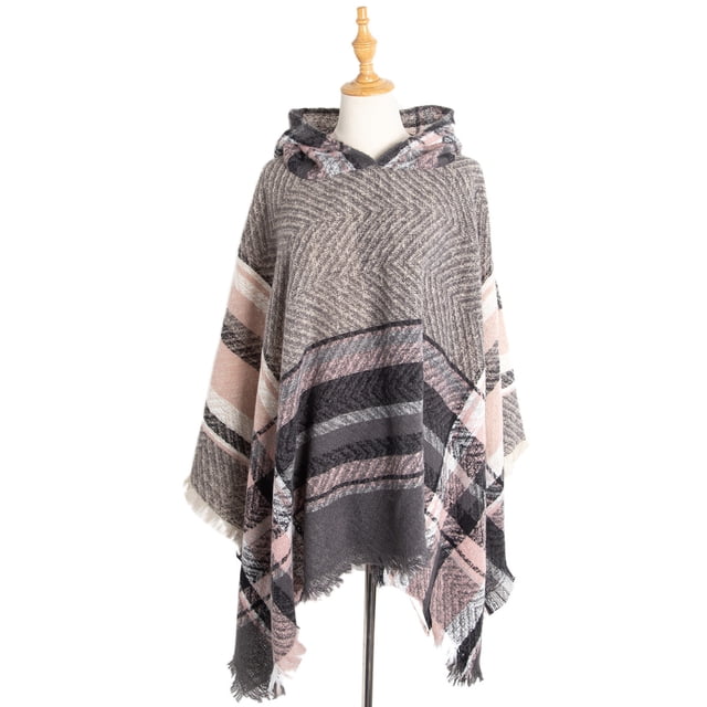 Chal con capucha a cuadros para mujer, manta, poncho, sudadera con capucha, chal con borlas