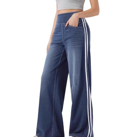 Womens Pull On Jeans Wide Leg Stretchy Side Striped Denim Pants High Waisted Casual Jean Pants With Side&Back Pockets 2XL