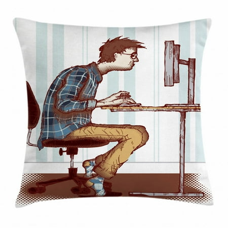Sketch Front Cover Geek Throw Pillow Cushion Cover, Sketch of a Programmer Workaholic Guy Sitting in Front of Monitor and Keyboard Image, Decorative Square Accent Pillow Case, 18 X 18 Inches, Multicolor, by Ambesonne ()