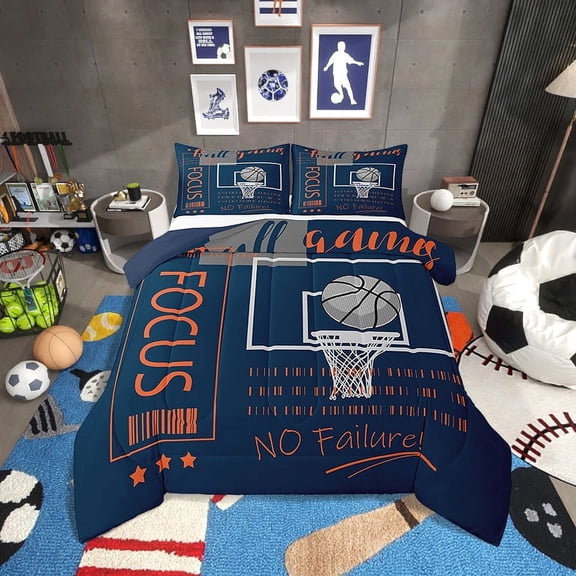 Basketball Bedding Set Twin Size Sports Theme Comforter Sets,Basketball Field Down Comforter Orange Blue Ball Games Quilt Bed Set Room Decor with 1 Pillowcase