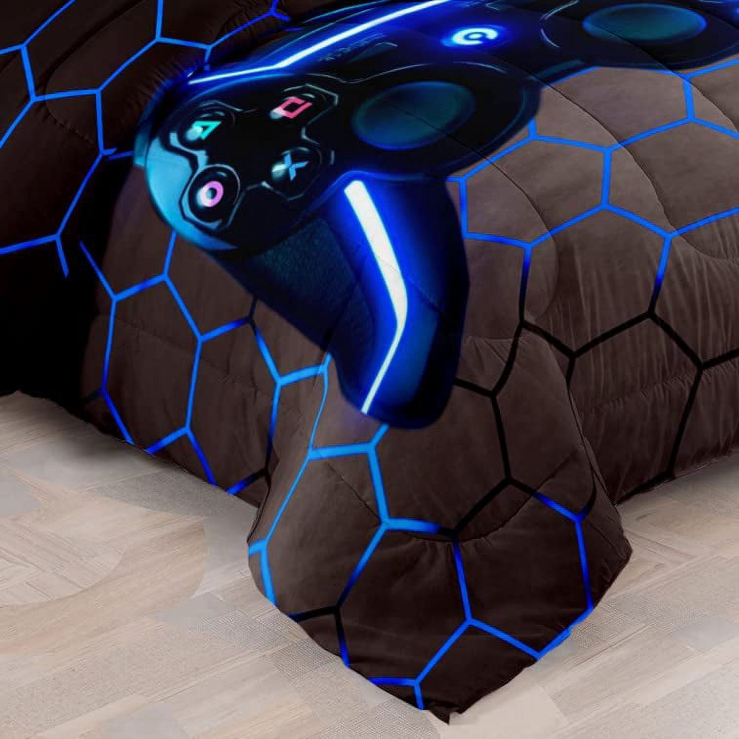 Gamer Bedding Set Queen Size Boys Playroom Decoration Duvet Cover Set Gamepad Duvet Cover Soft Microfiber Blue Button with Controller 1 Quilt Cover + 2 Pillowcases
