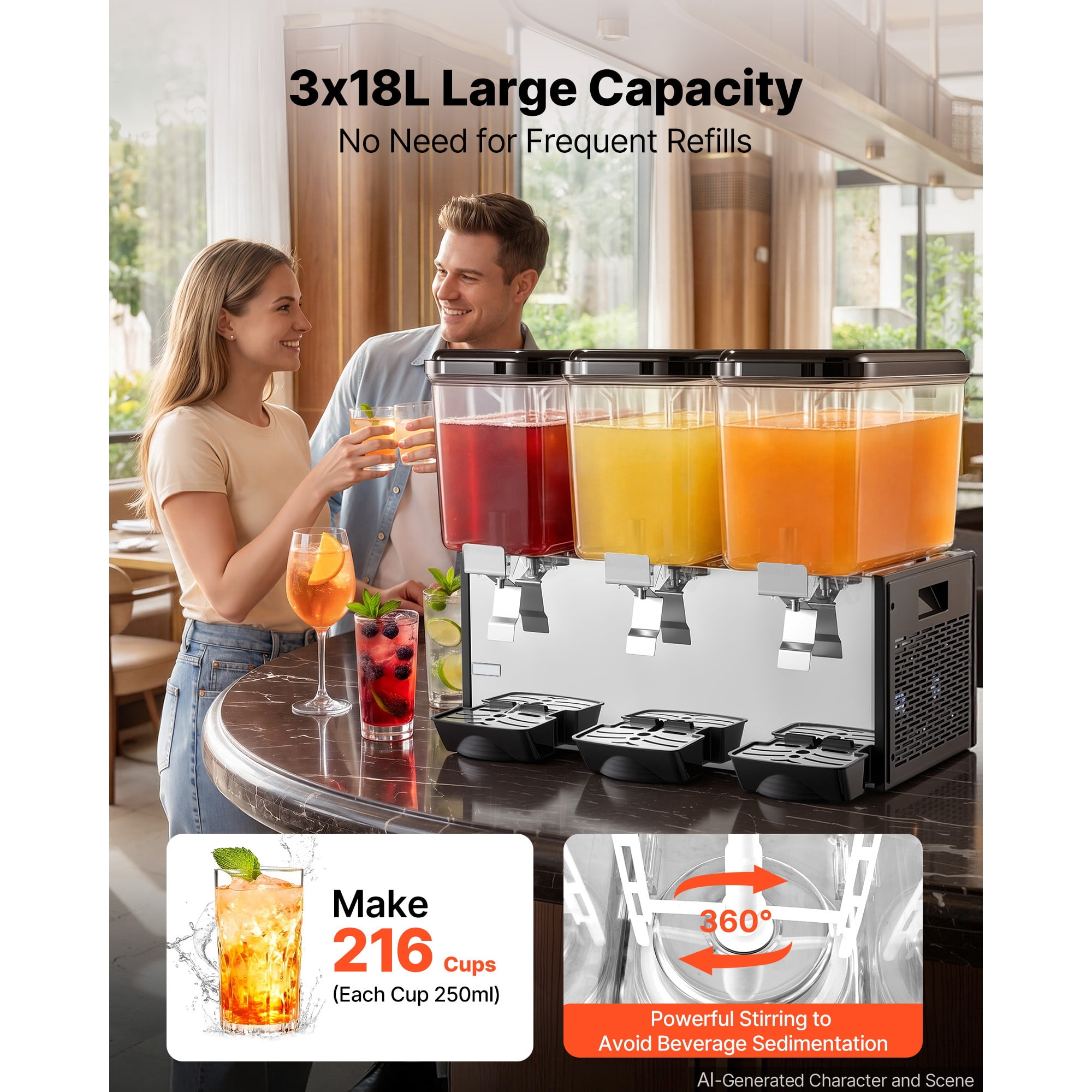 KFFKFF Commercial Beverage Dispenser with 3 Tanks, 18L / 19 QT Capacity Per Tank, Stainless Steel Juice and Iced Tea Dispenser, Cooling Range 45℉-54℉, Ideal for Serving Cold Drinks at Restaurants
