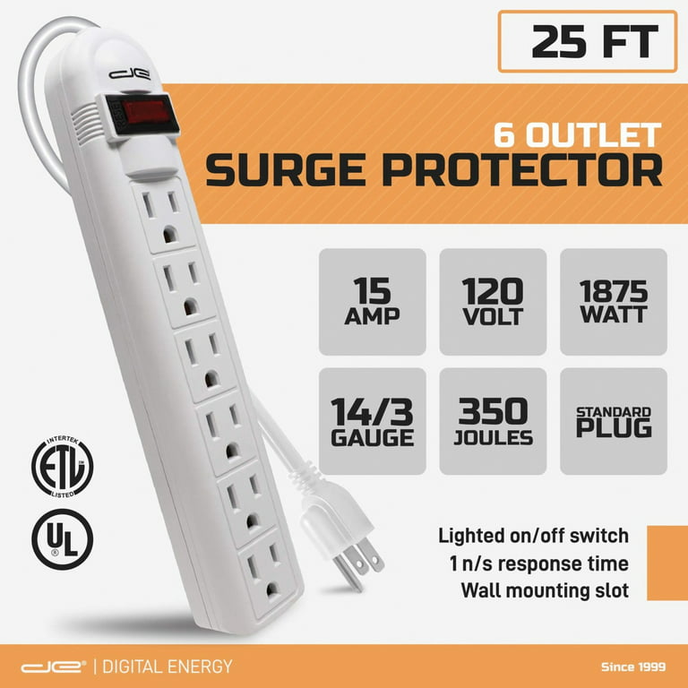 Digital Energy 6-Outlet Surge Protector Power Strip with 25-Feet Long  Extension Cord, White
