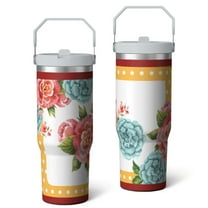 30oz Pioneer Colorful Floral Stainless Steel Flip Straw Tumbler with Lid and Straw Spill Proof Travel Cup Double Wall Vacuum Insulated Coffee Mug with Top Handled White