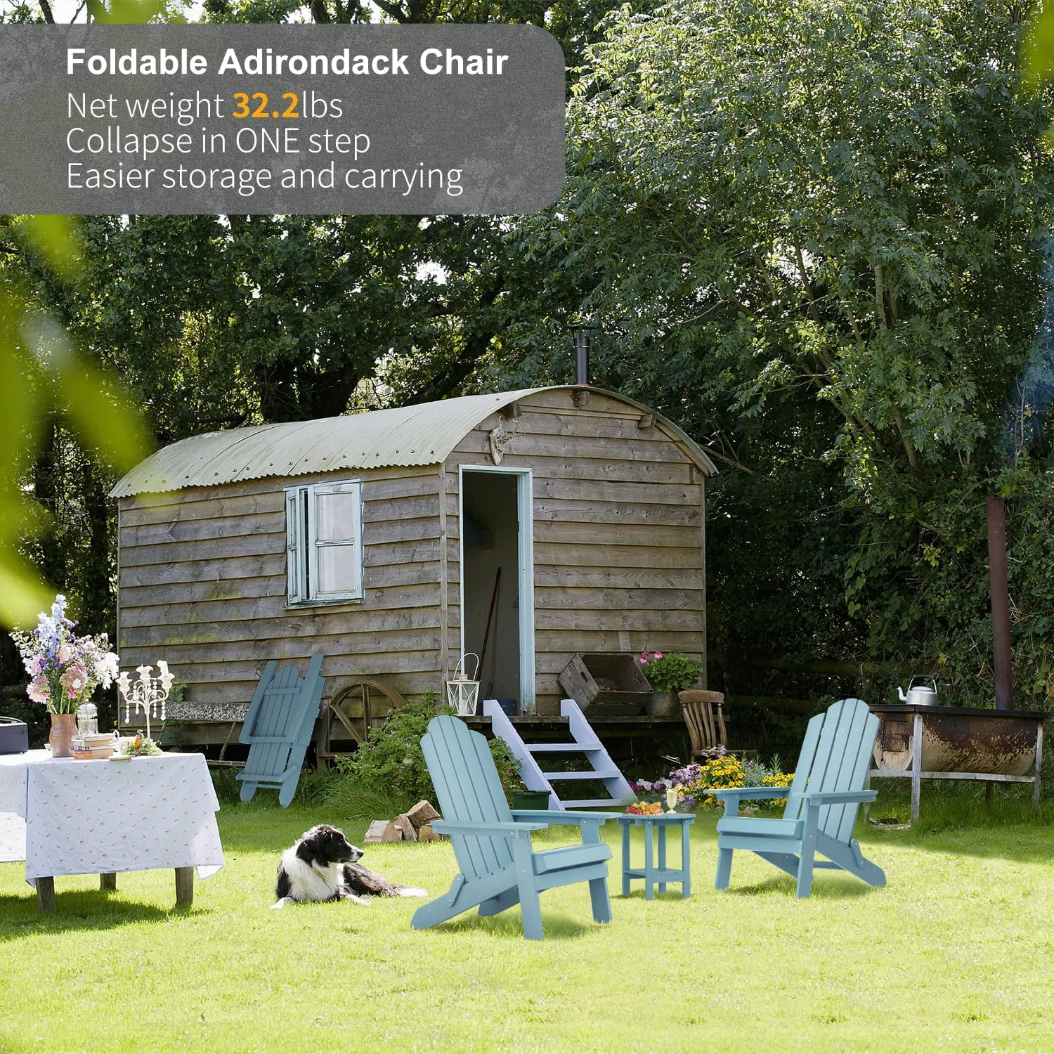 WINSOON Folding Adirondack Chair and Table Set 3 PCS Garden Outdoor Patio Chairs, Blue Finish