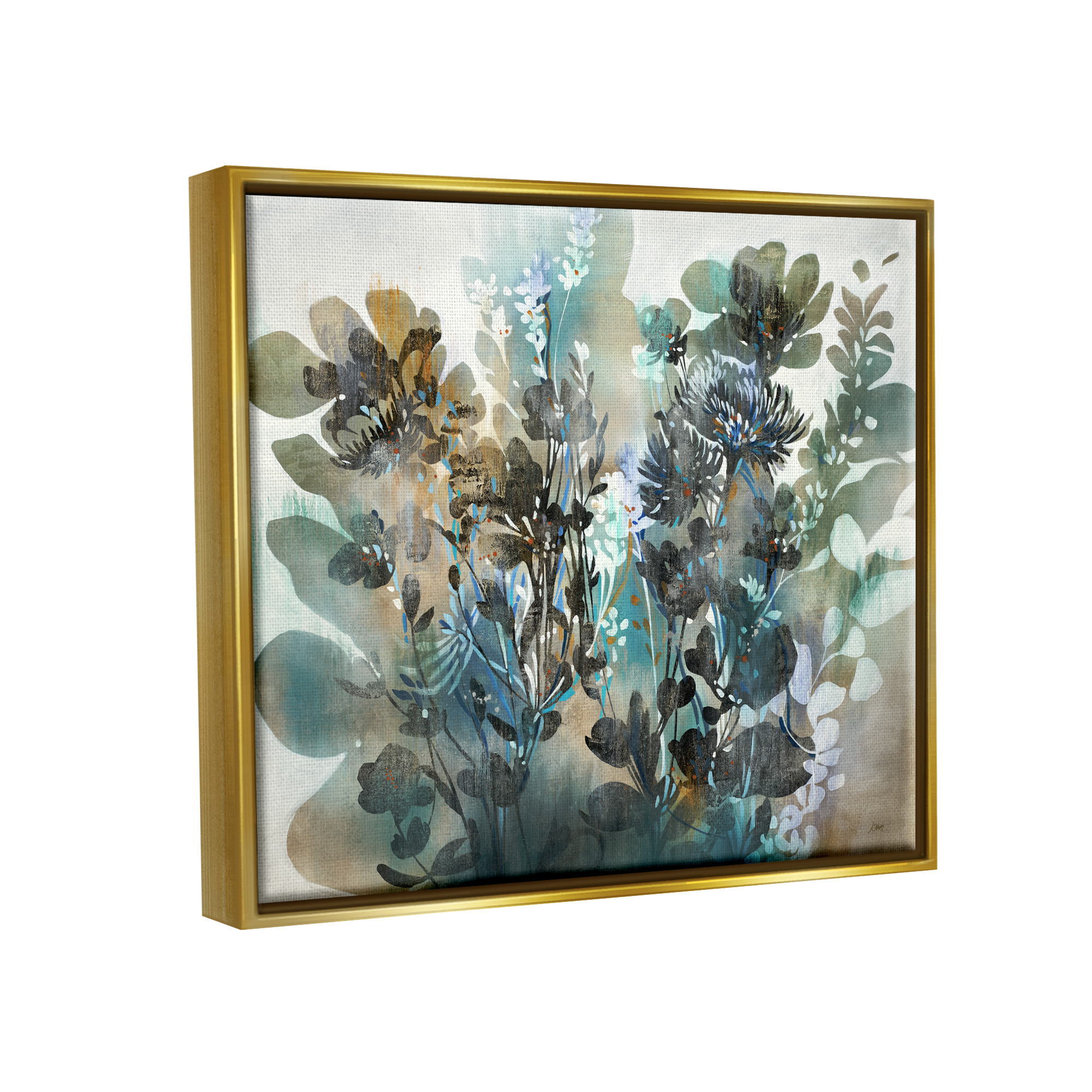 Stupell Overlapping Flower Sprigs Modern Shapes Abstract Painting Gold Floater Framed Art Print Wall Art