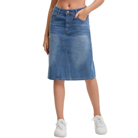 Women's Denim Skirt High Waisted 2026 Summer Washed A-Line Midi Jean Skirts L Blue